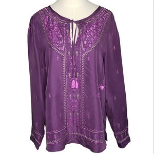 Sigrid Olsen Signature Silk Boho Hippie Ethnic EMO Embroidered Tassel Tunic M